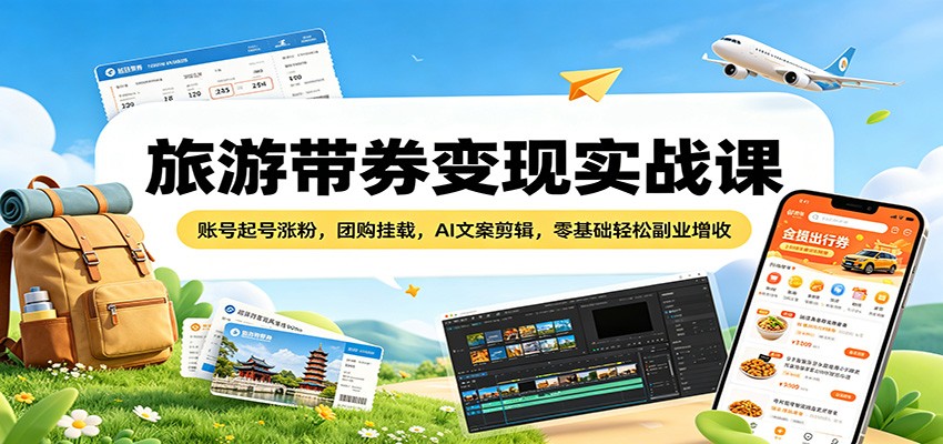 旅游带券变现实战课：账号起号涨粉，团购挂载，AI文案剪辑，零基础轻松副业增收-52项目站