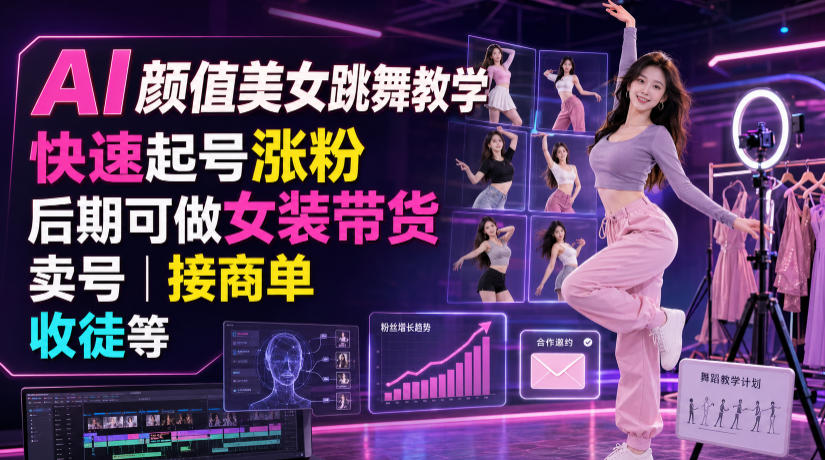 AI颜值美女跳舞教学，快速起号涨粉，后期可做女装带货，卖号，接商单，收徒等-52项目站