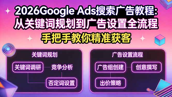 2026Google Ads搜索广告教程：从关键词规划到广告设置全流程，手把手教你精准获客-52项目站