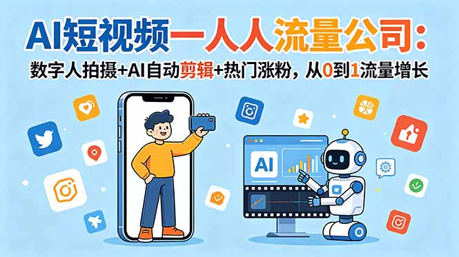AI短视频一人流量公司:数字人拍摄+AI自动剪辑+热门涨粉,从0到1流量增长-52项目站