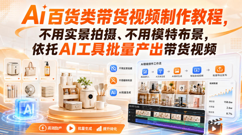 Ai百货类带货视频制作教程，不用实景拍摄、不用模特布景，依托AI工具批量产出带货视频-52项目站