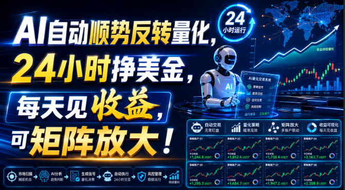 AI自动顺势反转量化，24小时挣美金，每天见收益，可矩阵放大！【揭秘】-52项目站