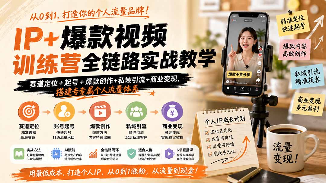 IP+爆款视频训练营全链路实战教学；赛道定位+起号+爆款创作+私域引流+商业变现，搭建专属个人流量体系-52项目站