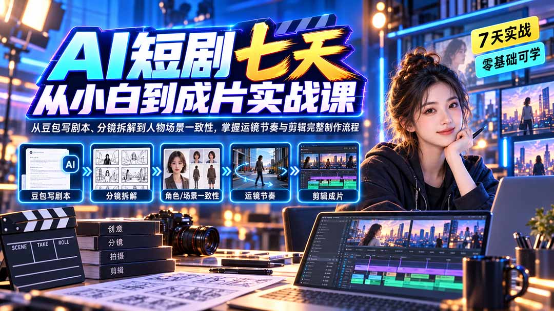 AI短剧七天从小白到成片实战课：从豆包写剧本、分镜拆解到人物场景一致性，掌握运镜节奏与剪辑完整制作流程-52项目站