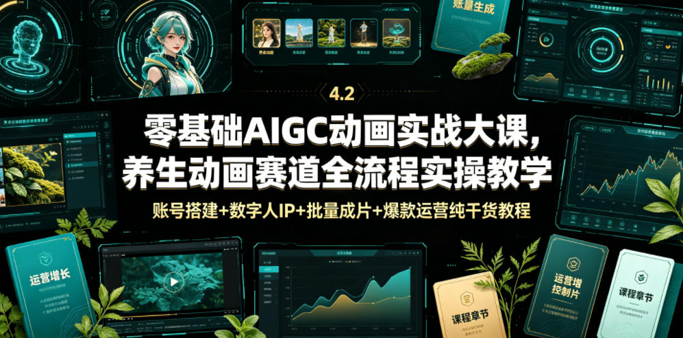 零基础AIGC动画实战大课，养生动画赛道全流程实操教学，账号搭建+数字人IP+批量成片+爆款运营纯干货教程-52项目站