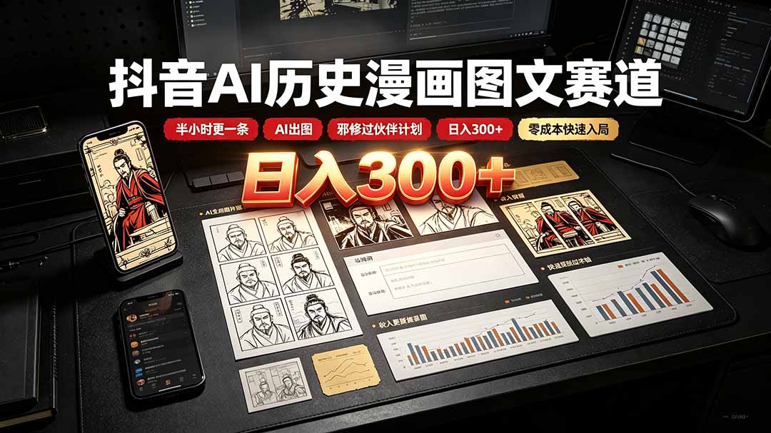 抖音AI历史漫画图文赛道：半小时更一条×AI出图×邪修过伙伴计划×日入300+，零成本快速入局-52项目站