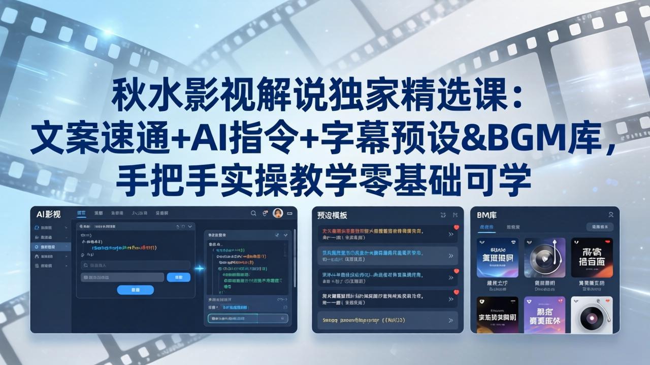 秋水影视解说独家精选课：文案速通+AI指令+字幕预设+BGM库，手把手实操教学零基础可学-52项目站