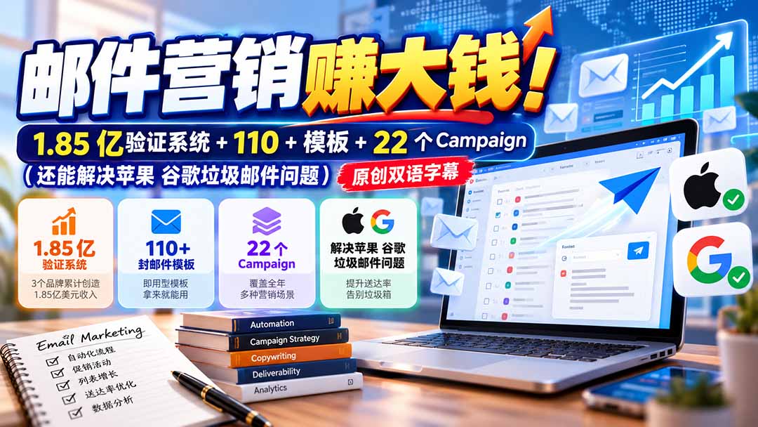 邮件营销赚大钱!1.85亿验证系统+110+模板+22个Campaign(还能解决苹果 谷歌垃圾邮件问题-52项目站