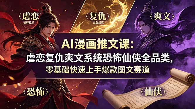 AI漫画推文课：虐恋复仇爽文系统恐怖仙侠全品类，零基础快速上手爆款图文赛道-52项目站
