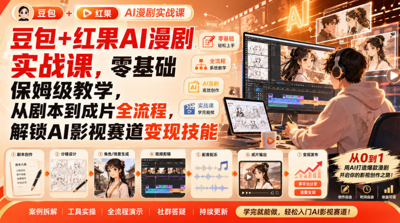 豆包+红果AI漫剧实战课，零基础保姆级教学，从剧本到成片全流程，解锁AI影视赛道变现技能-52项目站