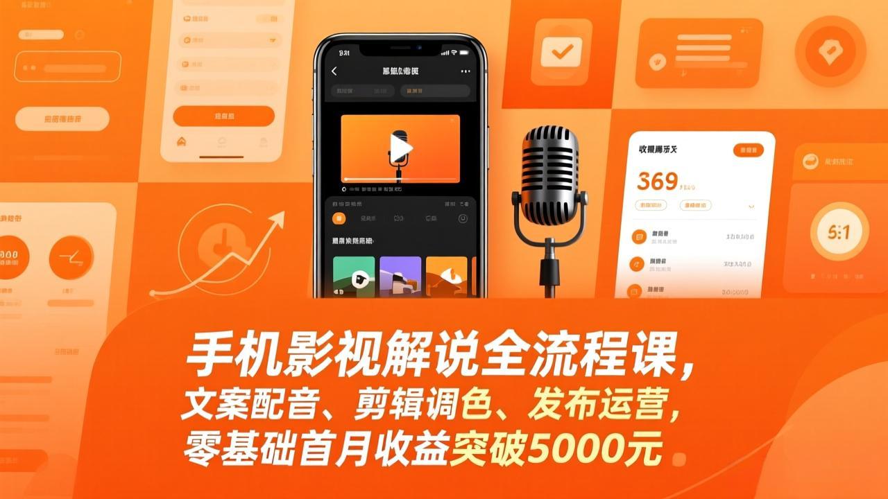 手机影视解说全流程课，文案配音、剪辑调色、发布运营，零基础首月收益突破5000元-52项目站
