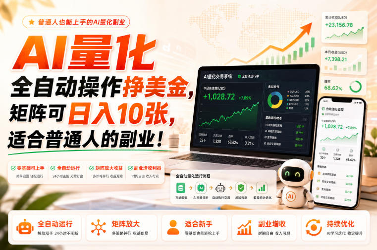 AI量化全自动操作挣美金，矩阵可日入10张，适合普通人的副业！【揭秘】-52项目站