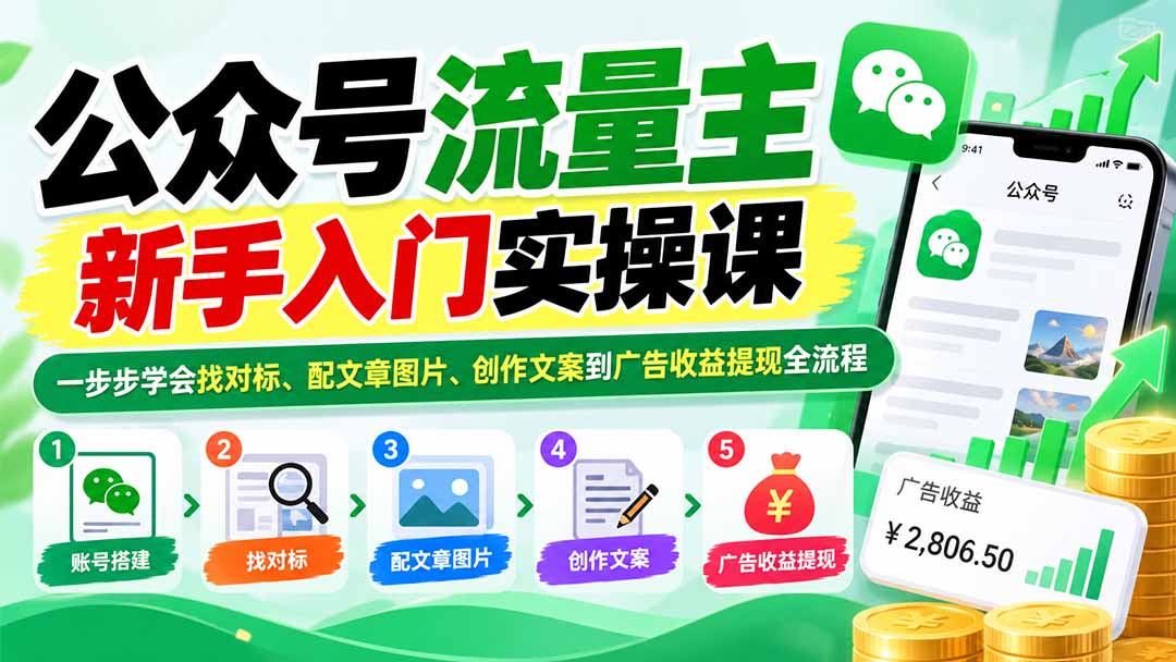 公众号流量主新手入门实操课:一步步学会找对标、配文章图片、创作文案到广告收益提现全流程-52项目站