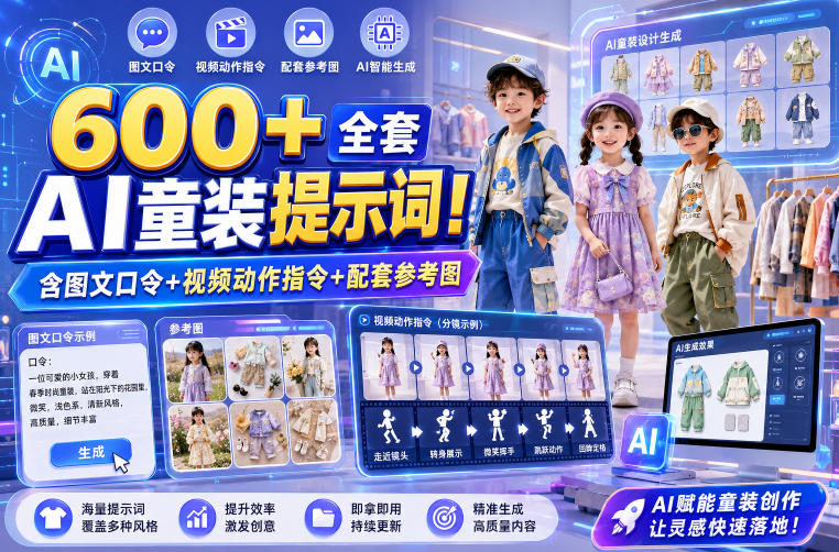 600+全套AI童装提示词！含图文口令+视频动作指令+配套参考图，Word-Excel规整分类，童装电商、种草无脑量产内容！-52项目站