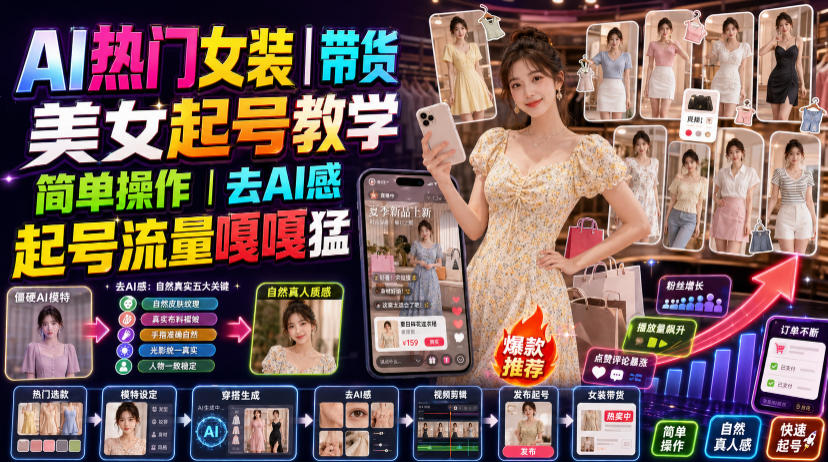 AI热门女装带货丨美女起号教学，简单操作，去AI感，起号流量嘎嘎猛-52项目站