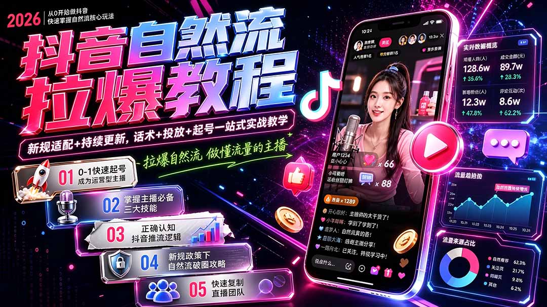 抖音自然流拉爆教程-更新1002：做懂流量的主播，新规适配+持续更新，话术+投放+起号一站式实战教学-52项目站