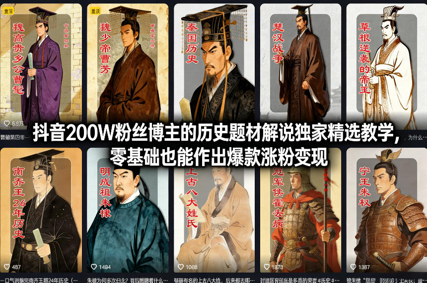 抖音200W粉丝博主的历史题材解说独家精选教学，零基础也能作出爆款涨粉变现-52项目站