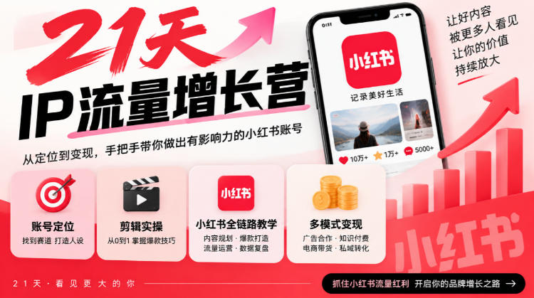 21天IP流量增长营,小红书全链路教学,账号定位剪辑实操,多模式变现系统课-52项目站