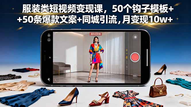 服装类短视频变现课，50个钩子模板+50条爆款文案+同城引流，月变现10w+-52项目站