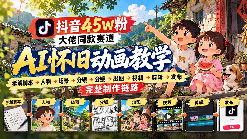 抖音45W粉大佬同款赛道AI怀旧动画教学：拆解脚本→人物→场景→分镜→出图→视频→剪辑→发布完整制作链路-52项目站