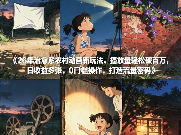26年治愈系农村动画新玩法，播放量轻松破百万，日收益多张，0门槛操作，打造流量密码-52项目站
