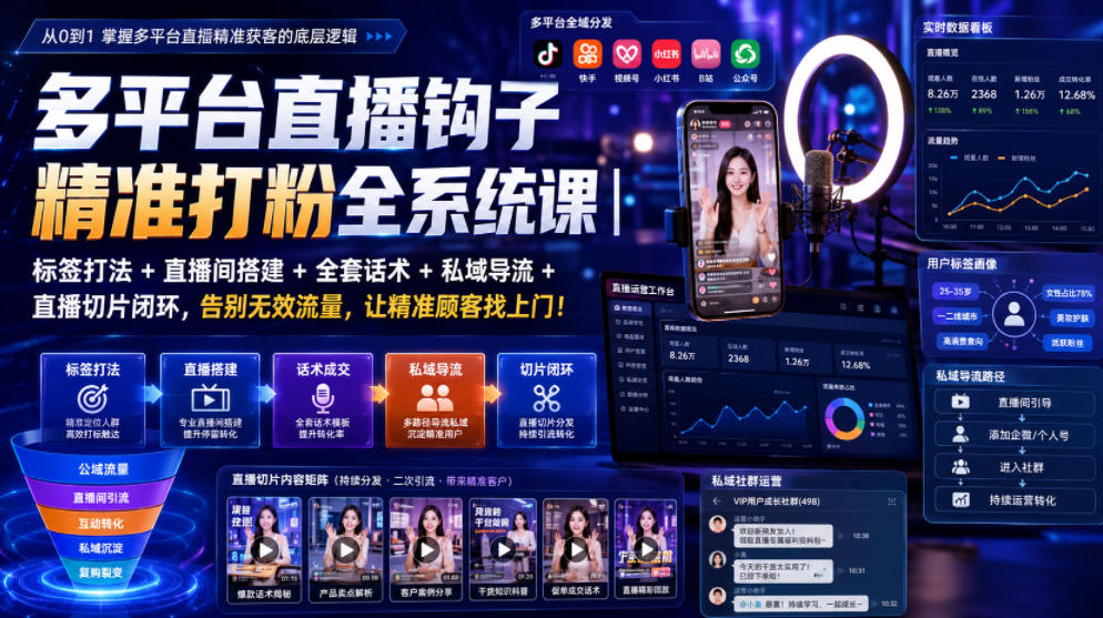 多平台直播钩子精准打粉全系统课｜标签打法+直播间搭建+全套话术+私域导流+直播切片闭环，告别无效流量，让精准顾客找上门！-52项目站