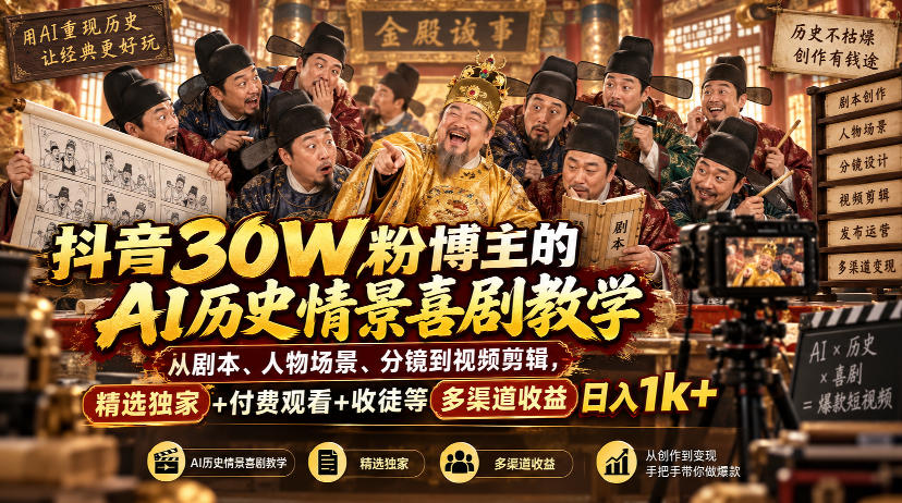 抖音30W粉博主的AI历史情景喜剧教学,从剧本、人物场景、分镜到视频剪辑,精选独家+付费观看+收徒等多渠道收益日入1k+-52项目站