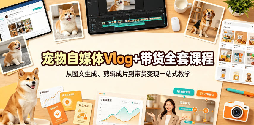 宠物自媒体Vlog+带货全套课程｜从图文生成、剪辑成片到带货变现一站式教学-52项目站