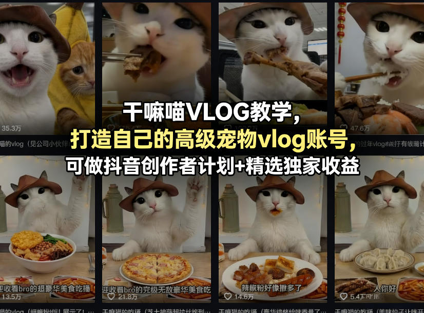 干嘛喵VLOG教学,打造自己的高级宠物vlog账号,可做抖音创作者计划+精选独家收益-52项目站