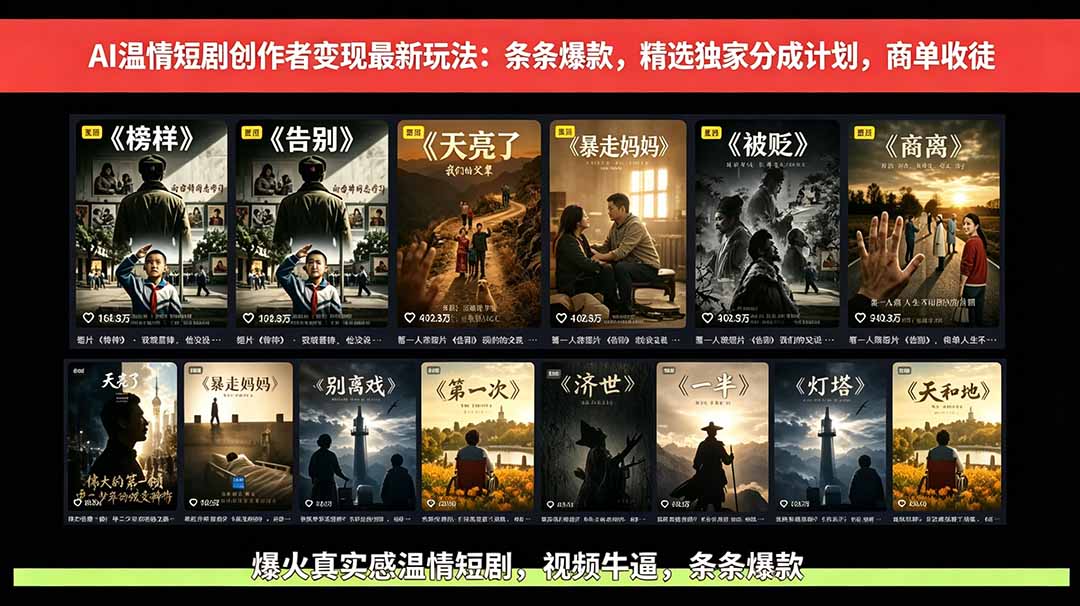 AI温情短剧创作者变现最新玩法:视频牛逼,条条爆款,精选独家分成计划,商单收徒-52项目站