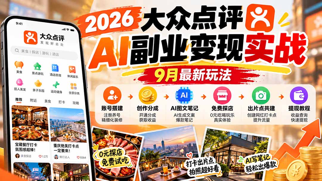 2026大众点评AI副业变现实战9月最新玩法:账号搭建+创作分成+AI图文笔记+免费探店+出片点共建与提现教程-52项目站