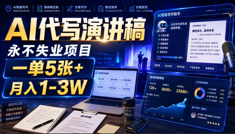 AI代写演讲稿，永不失业项目，一单5张+，月入1-3W【揭秘】-52项目站
