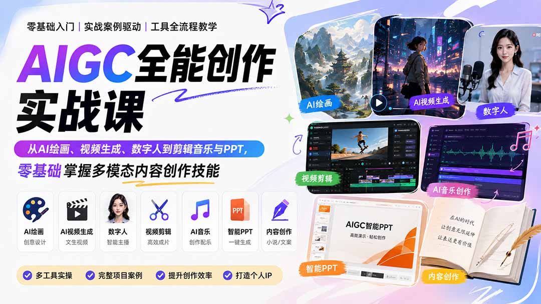 AIGC全能创作实战课：从AI绘画、视频生成、数字人到剪辑音乐与PPT，零基础掌握多模态内容创作技能-52项目站