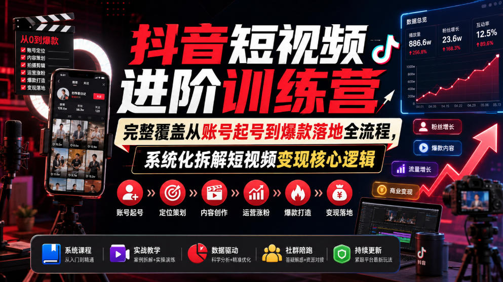 抖音短视频进阶训练营，完整覆盖从账号起号到爆款落地全流程，系统化拆解短视频变现核心逻辑-52项目站