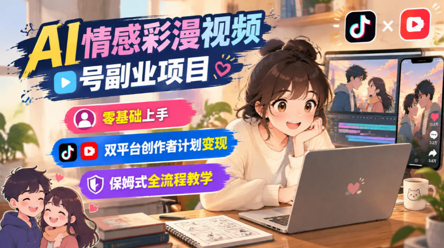 AI情感彩漫视频号副业项目,零基础上手,双平台创作者计划变现,保姆式全流程教学-52项目站