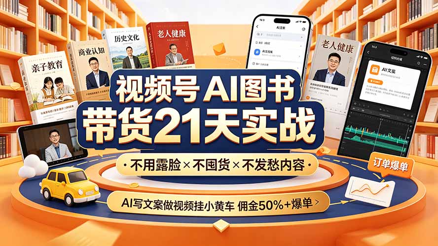 视频号AI图书带货21天实战：不用露脸×不囤货×不发愁内容，AI写文案做视频挂小黄车，佣金50%+爆单-52项目站