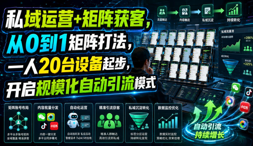 私域运营+矩阵获客,从0到1矩阵打法,一人20台设备起步,开启规模化自动引流模式!-52项目站