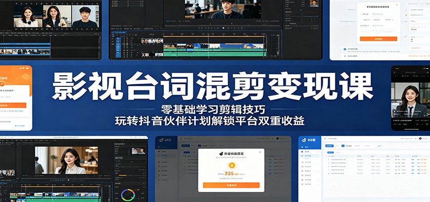 影视台词混剪变现课:零基础学习剪辑技巧,玩转抖音伙伴计划解锁平台双重收益-52项目站