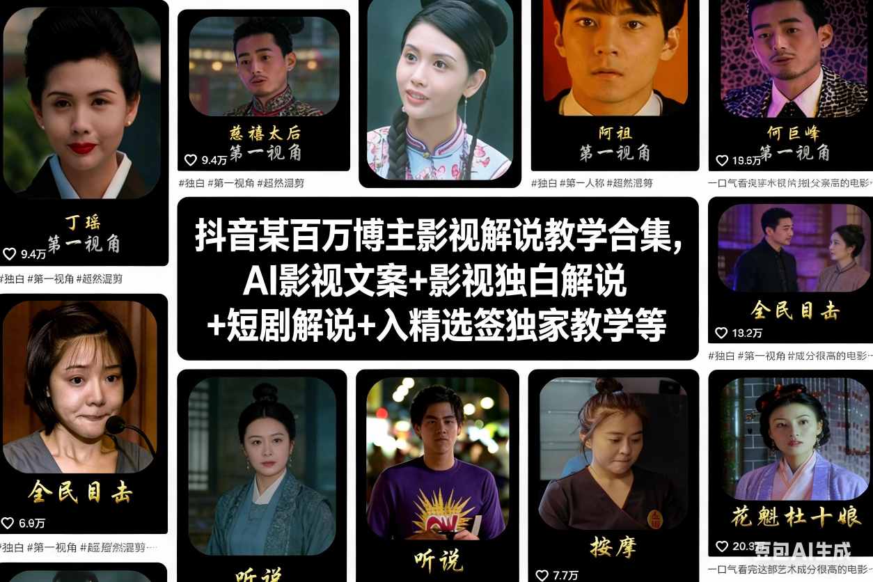 抖音某百万博主影视解说教学合集,AI影视文案+影视独白解说+短剧解说+入精选签独家教学等-52项目站
