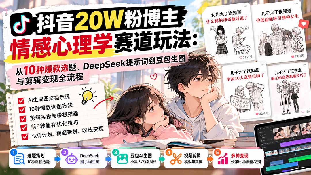 抖音20W粉博主-情感心理学赛道玩法：从10种爆款选题、DeepSeek提示词到豆包生图与剪辑变现全流程-52项目站