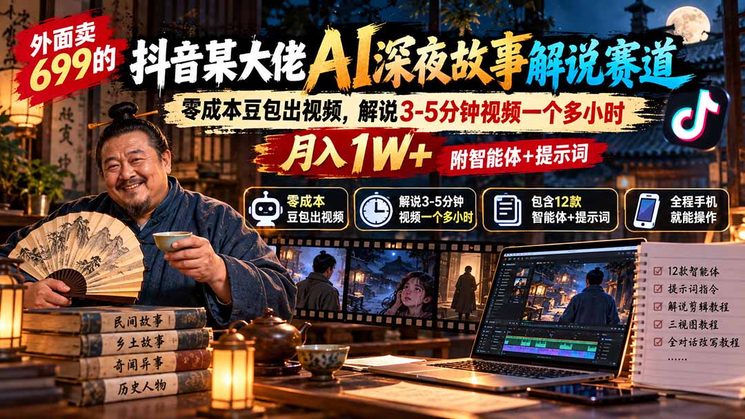 外面卖699抖音某大佬AI深夜故事解说赛道-更新:0成本豆包出视频+解说3-5分钟视频一个多小时,月入1W+附智能体+提示词-52项目站