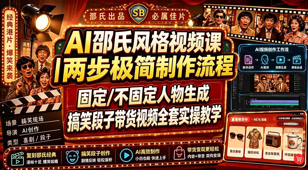 AI邵氏风格视频课｜两步极简制作流程，固定/不固定人物生成，搞笑段子带货视频全套实操教学-52项目站