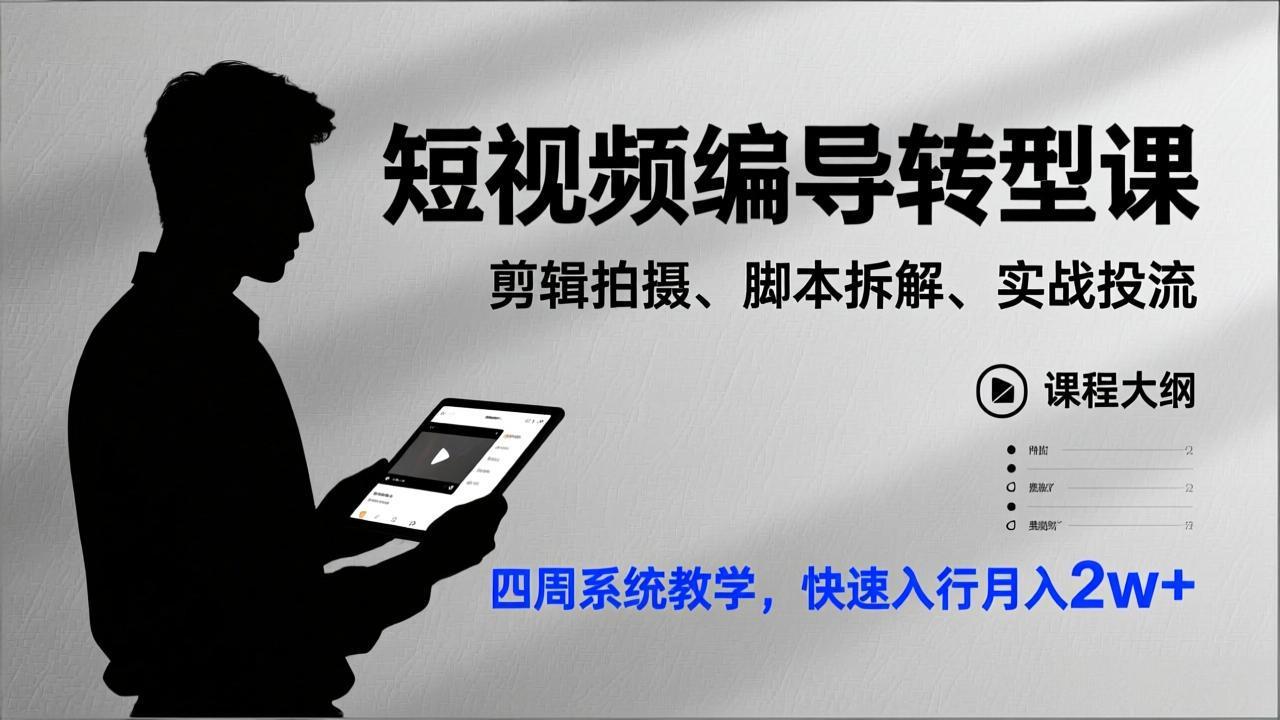 短视频编导转型课，剪辑拍摄、脚本拆解、实战投流，四周系统教学，快速入行月入2w+-52项目站