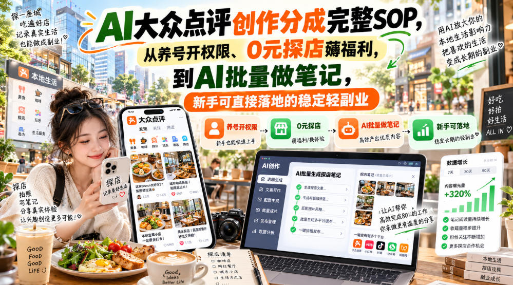 【无水印】AI大众点评创作分成完整SOP,从养号开权限、0元探店薅福利,到AI批量做笔记,新手可直接落地的稳定轻副业-52项目站