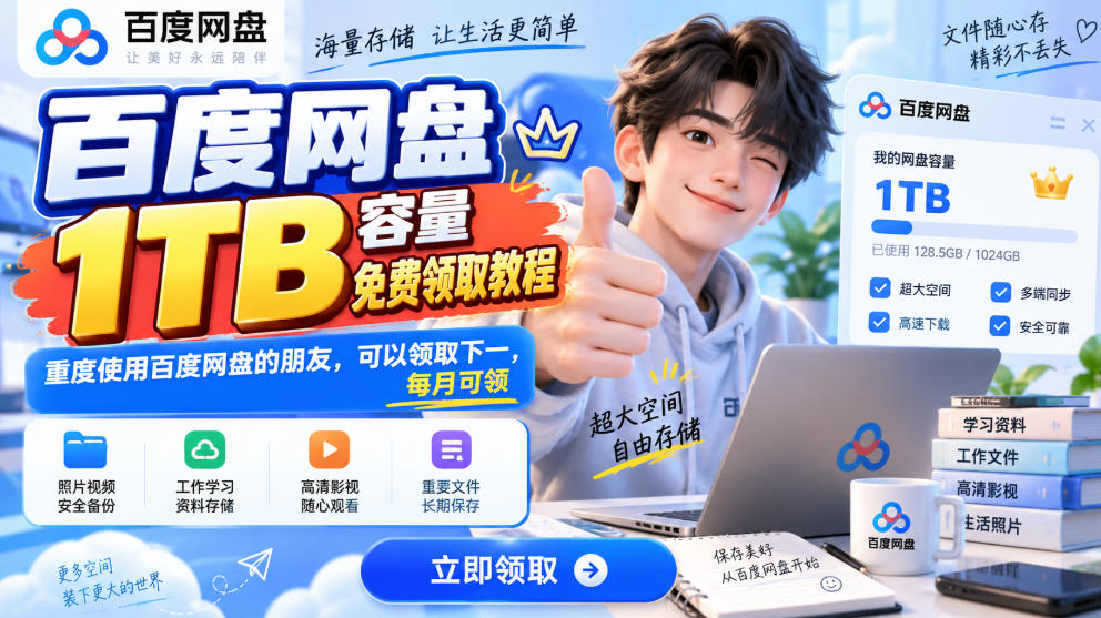 百度网盘1TB容量免费领取教程，重度使用百度网盘的朋友，可以领取下一，每月可领-52项目站