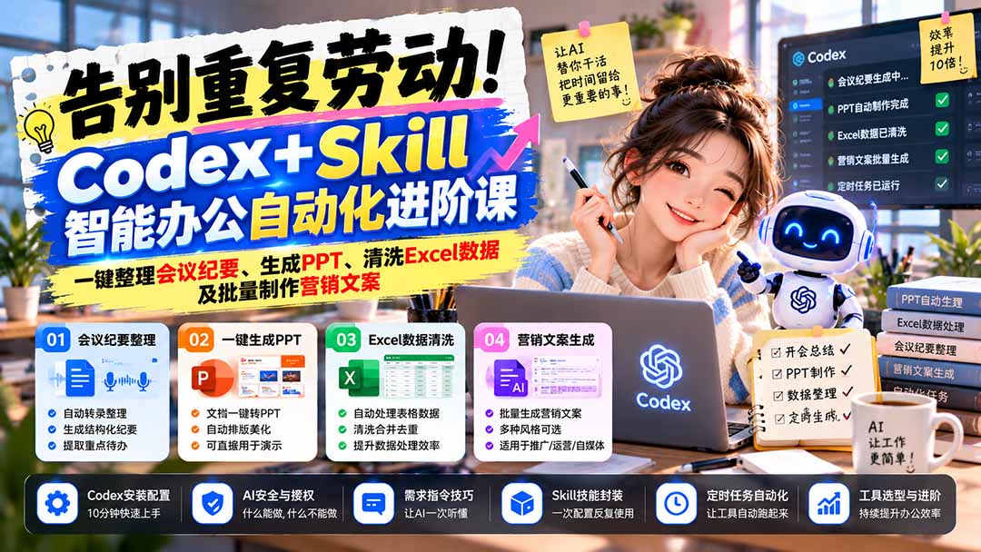 告别重复劳动!Codex+Skill智能办公自动化进阶课:一键整理会议纪要、生成PPT、清洗Excel数据及批量制作营销文案-52项目站
