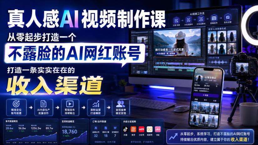 真人感AI视频制作课,从零起步打造一个不露脸的AI网红账号,打造一条实实在在的收入渠道【原创双语字幕】-52项目站