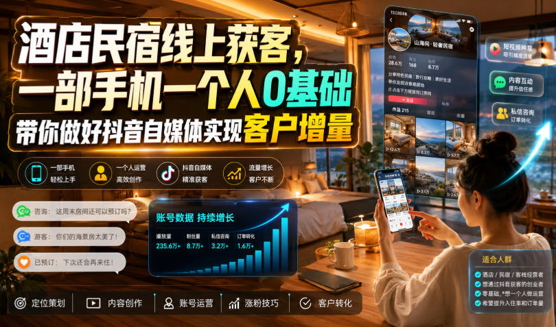 酒店民宿线上获客,一部手机一个人0基础带你做好抖音自媒体实现客户增量-52项目站