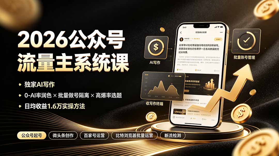 2026公众号流量主系统课：独家AI写作×0-AI率润色×批量做号隔离×高爆率选题，日均收益1.6万实操方法-52项目站