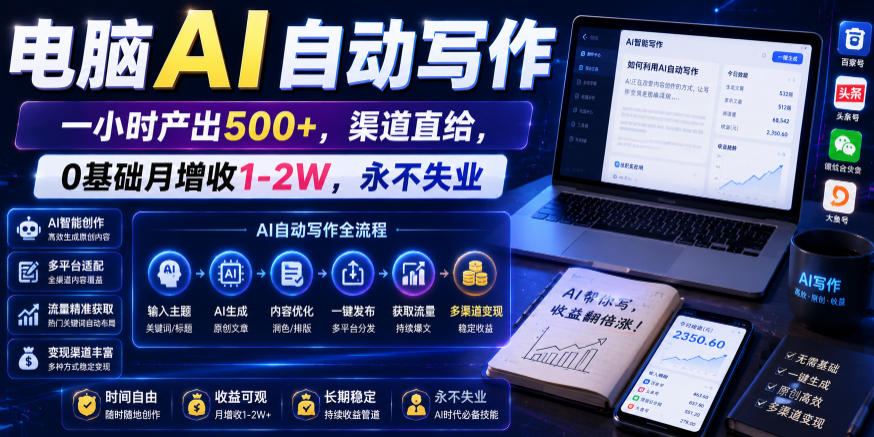 电脑AI自动写作,一小时产出500+,渠道直给,0基础月增收1-2W,永不失业【揭秘】-52项目站